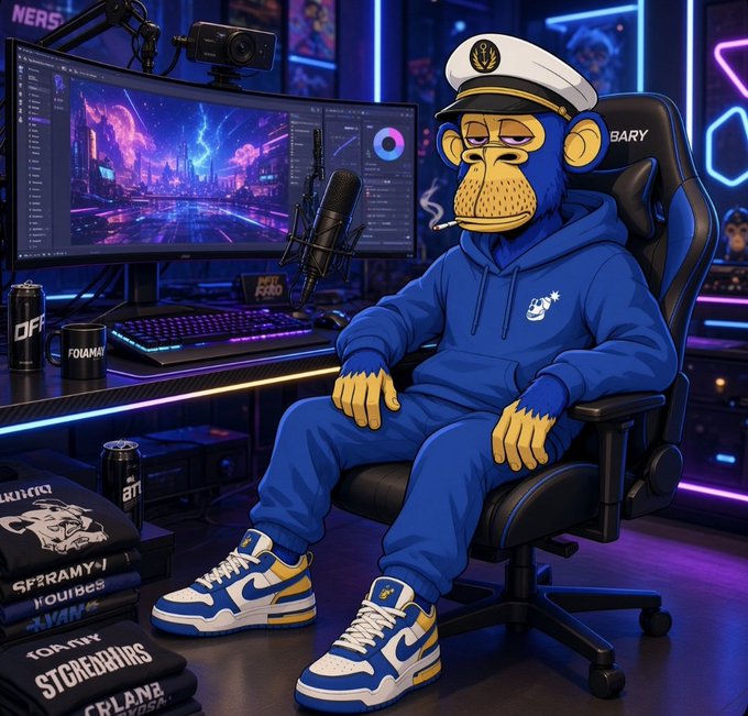 A Bored Ape-style character in a blue tracksuit and captain's hat lounges in a neon-lit gaming setup featuring dual monitors, a microphone, and "BARY" branded chair, with merch reading "STAYBABIES" and "SPY" stacked nearby—capturing the chill Web3/gamer vibe behind the cheerful "Good morning Web3, Happy Friday!" post.