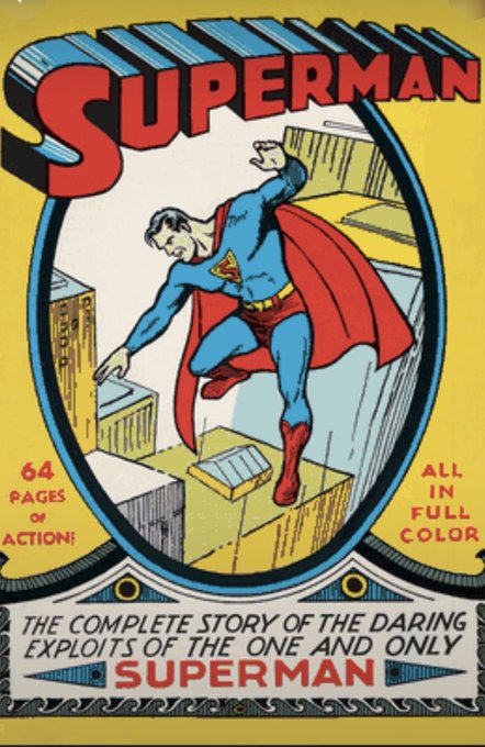 A vintage Superman comic book cover featuring the superhero leaping over city buildings, with text reading 'SUPERMAN', '64 PAGES of ACTION!', 'ALL IN FULL COLOR', and 'THE COMPLETE STORY OF THE DARING EXPLOITS OF THE ONE AND ONLY SUPERMAN'.