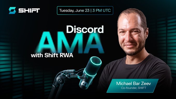 The image features a man wearing a black shirt standing next to a microphone with a caption that reads "Discord AMA with Shift RWA co-founder Michael Bar Zeev @micobz ! Join us live on Tuesday, June 23 at 3PM UTC. We'll discuss the latest Shift Stocks Series developments, upcoming milestones, and answer your questions live". The man is positioned in front of a microphone that has a blue and green color scheme.