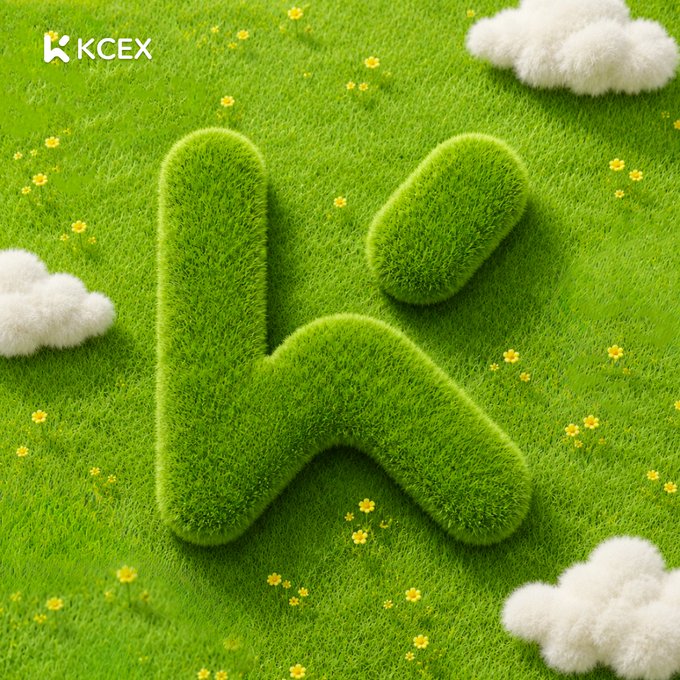 A 3D rendered image shows a stylized logo resembling the KCex exchange icon, designed as a green grassy shape on a lawn with white fluffy clouds and small yellow flowers, with "KCEX" text in the top left corner.