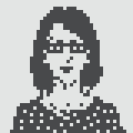 A pixel art style icon of a woman wearing glasses and a polka-dot top on a white background.