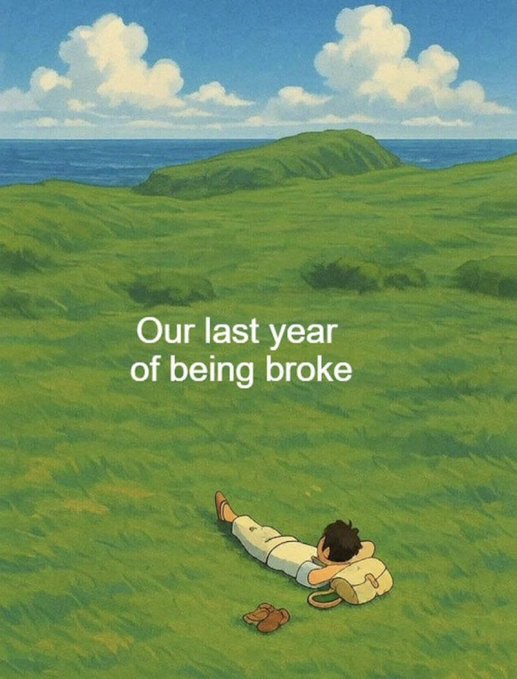 A Studio Ghibli-style illustration of a person lying in a green grassy field looking out at the ocean under a cloudy blue sky, with the text 'Our last year of being broke'.