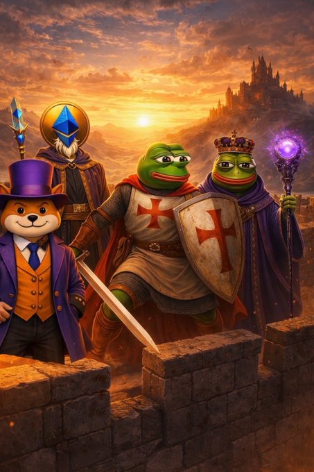 An AI-generated fantasy artwork depicts Pepe the Frog characters as crusaders with swords and shields, accompanied by a bear in a purple suit and top hat, standing on a castle wall at sunset.