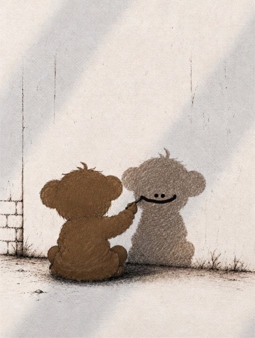 An illustration of a brown teddy bear drawing a smiling face on a wall using its shadow as the template.