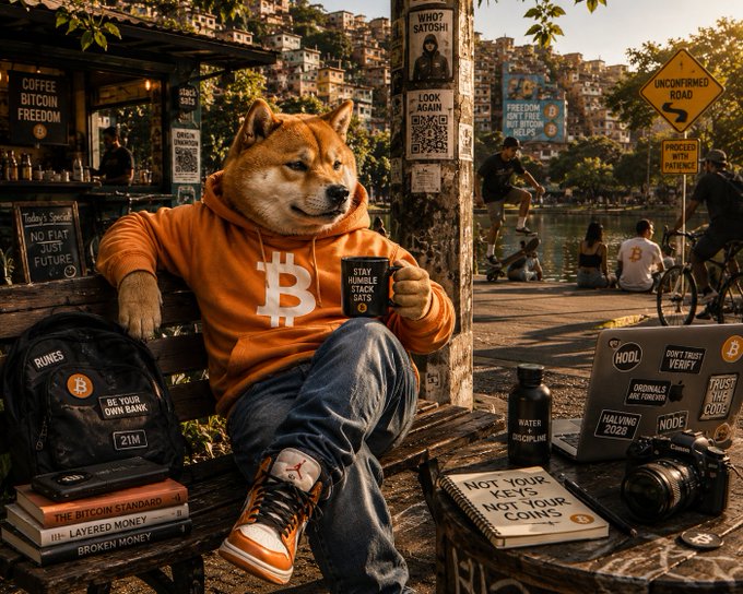 A Shiba Inu dog wearing a Bitcoin-themed orange hoodie sits on a bench holding a mug, surrounded by Bitcoin and cryptocurrency paraphernalia, with visible signs reading 'BITCOIN FREEDOM', 'FREEDOM', 'HODL', and 'NOT YOUR KEYS, NOT YOUR COINS'.