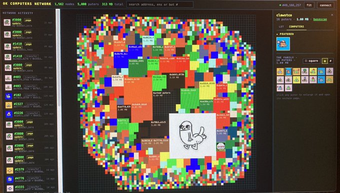 Another view of the OK Computers Network dashboard displaying the same pixelated circular map with colorful nodes and the small white cartoon character overlay.