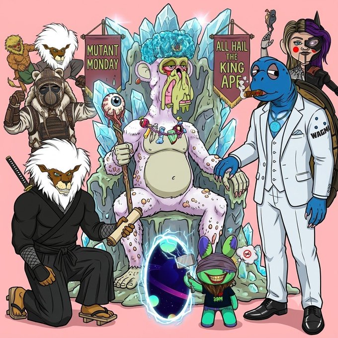 A colorful cartoon illustration featuring various mutant characters, including a hairy figure in samurai attire holding a sword, a pale multi-eyed creature on a crystal throne wearing a blue gem crown and a necklace reading "APE," and a blue turtle-man in a white suit labeled "WACHOWSKI." Banners in the background read "MUTANT MONDAY" and "ALL HAIL THE KING APE."