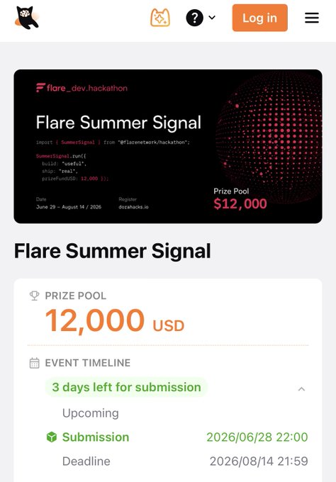 The image shows a hackathon page for the "Flare Summer Signal" event hosted on flare_.dev, featuring a $12,000 USD prize pool with submissions open until August 14, 2026. It relates to the post's pre-submission checklist by providing a visual example of a Flare hackathon page where developers would apply these tips—like highlighting the problem, justifying Flare's necessity, and demonstrating a working flow—when building their entries.