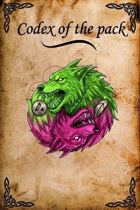 An illustrated book cover titled 'Codex of the pack' featuring a green and a pink wolf head intertwined on an aged parchment background.