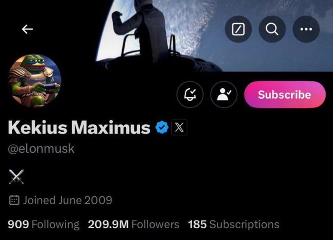 The screenshot shows the X (formerly Twitter) profile of Elon Musk, whose display name has been temporarily changed to "Kekius Maximus" with the handle @elonmusk, featuring a Pepe the Frog profile picture and a banner of someone on a spacecraft. The profile shows 209.9M followers and a join date of June 2009, capturing the moment referenced in the post celebrating the iconic "Kekius Maximus" era.