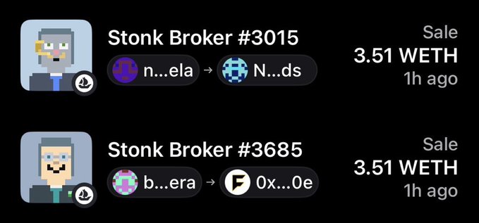 Two NFT sales of "Stonk Broker" avatars (#3015 and #3685) at 3.51 WETH each, shown alongside a post noting the collection's price jump from 0 to 12 ETH in two weeks.