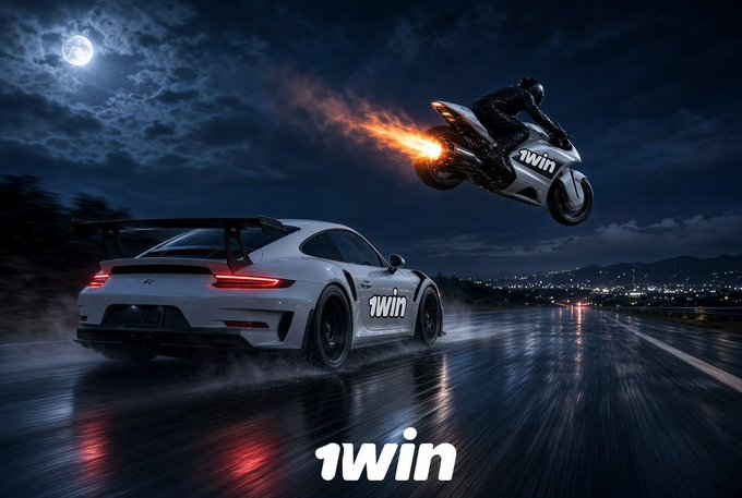 A dramatic nighttime advertisement featuring a white Porsche 911 and a sportbike with flame exhaust, both bearing the '1win' logo, racing under a full moon.