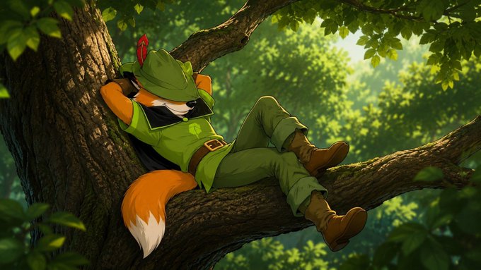 An animated fox dressed in a green Robin Hood-style outfit relaxes with hands behind its head on a sturdy tree branch, embodying effortless confidence. The fox's smug, self-assured pose perfectly matches the post's message of unwavering certainty—"The $FOX never doubts."