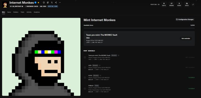 The Internet Monkes NFT project website displays a pixel-art ape character and pre-mint scheduling details for 'The MONKE Vault' with pricing in ETH.
