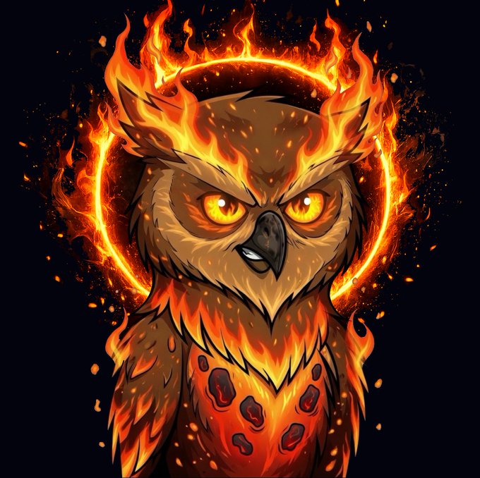 A digital illustration of a fierce owl with glowing orange-yellow eyes surrounded by flames and a fiery halo against a dark background.