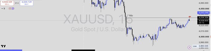 A TradingView chart of XAUUSD (Gold Spot / U.S. Dollar) on a 1-minute timeframe, showing price action around the 4,020-4,060 level, with an annotated "FVG" (Fair Value Gap) marking where price swept the day's high and tapped the gap before the CPI news release.