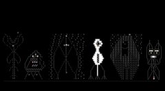 A lineup of five pixelated, retro-style creature characters displayed against a white wall, suggesting the variety of unique "wee beasties" that could be minted as NFTs on-chain.