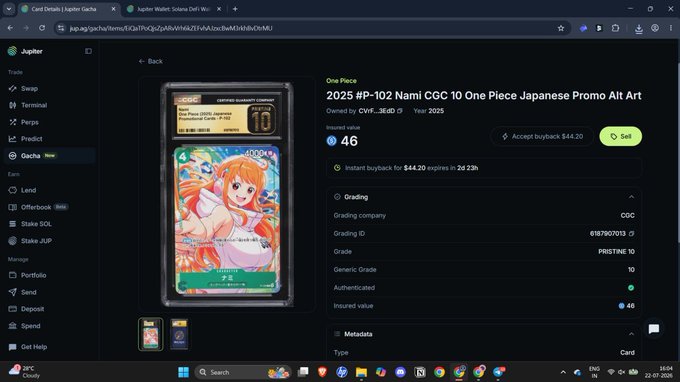 Screenshot of a Jupiter wallet marketplace listing for a 2025 Nami CGC 10 (Pristine grade, ID 618/10/2013) One Piece Japanese Promo Alt Art card, valued at 46 SOL with an instant buyback of $44.20 expiring in 2d 23h. The listing directly supports the post's claim of pulling and valuing the CGC 10 Pristine Nami at $44.20 on Jupiter Gacha.