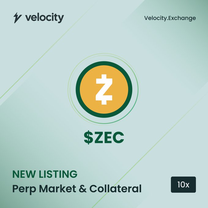 Advertisement for Velocity.Exchange announcing a 'NEW LISTING' for '$ZEC Perp Market & Collateral' with a 10x badge.