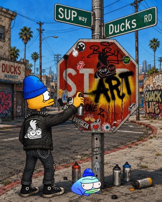 An illustration shows a Simpsons-style duck character in a blue beanie graffiti-tagging a stop sign at the intersection of 'SUP way' and 'DUCKS RD', with another small duck character sitting at the base of the pole amid spray paint cans, all set in a gritty urban street scene with a 'DUCKS MARKET' in the background.