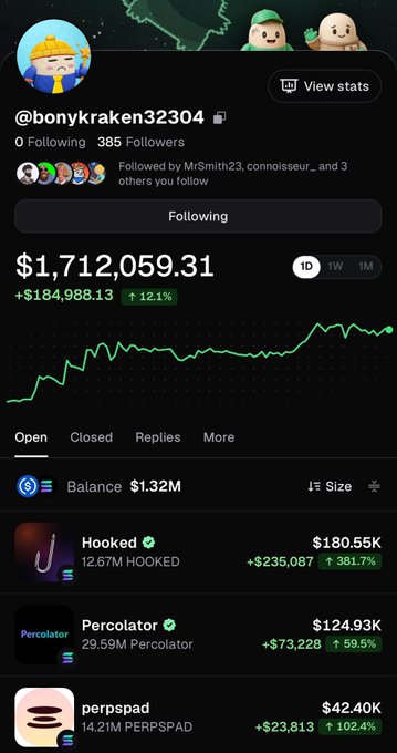 A screenshot of a social media financial profile for '@bonykraken32304' shows a balance of $1,712,059.31 with a green positive trend chart and holdings in tokens like 'Hooked', 'Percolator', and 'perpspad'.