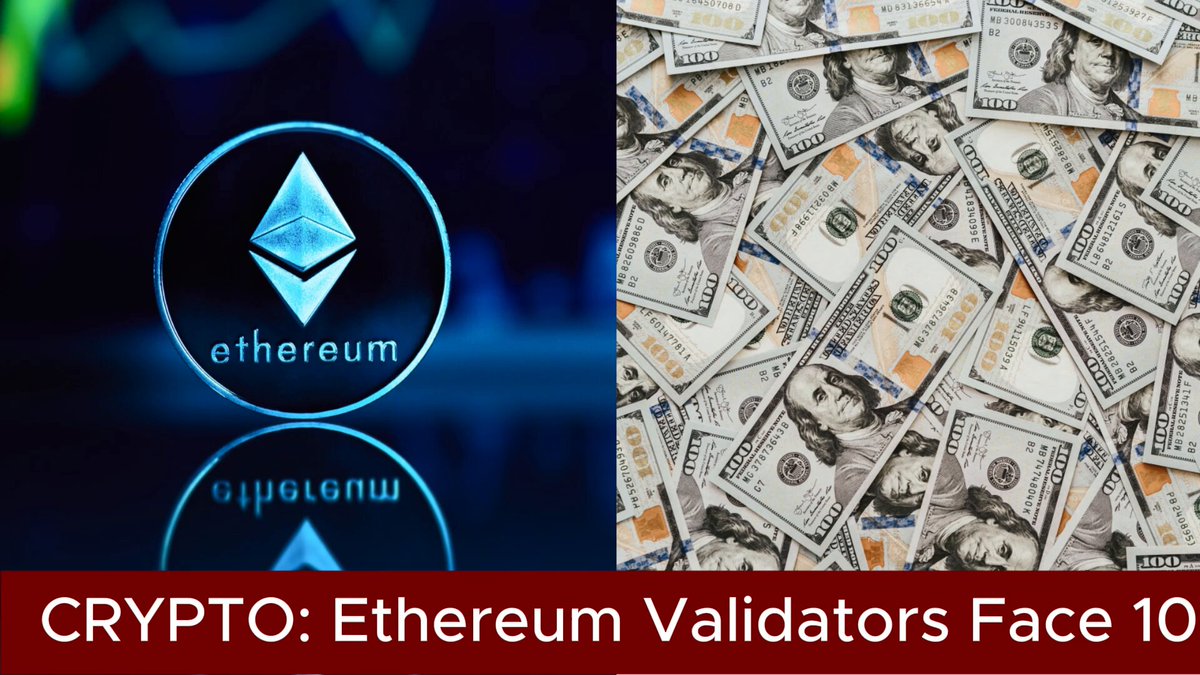 The image displays two logos - one with a blue circle containing a white Bitcoin symbol and the name "Ethereum" written around the bottom left corner, and another logo featuring numerous dollar bills scattered across various positions on top of a black background. The first logo is centered in the image above a post that talks about Cryptocurrency: Ethereum Validators Face 10% Staking Reward Redirect Plan for Ecosystem Funding A new proposal on Ethereum's $ETH research forum wants validators to redirect up to 10% of their staking rewards toward ecosystem funding."