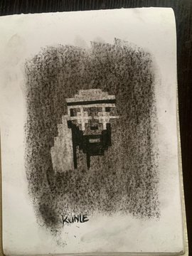 A black and white stencil-style artwork on paper featuring a figure with the word 'KUMLE' written beneath it.
