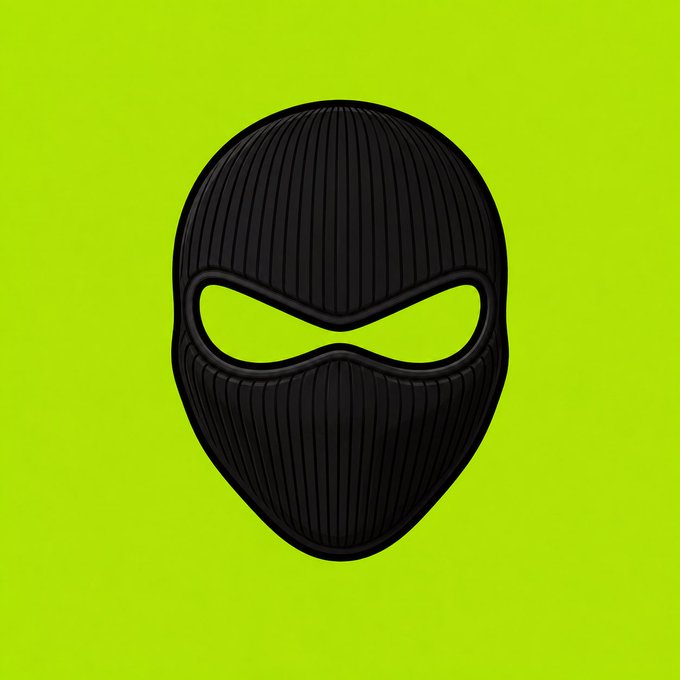 A black ski-style mask is centered against a bright green background. The image relates to the post's promotion of a free NFT mint by evoking the anonymity and hype culture often associated with the Shiesty mask symbol.