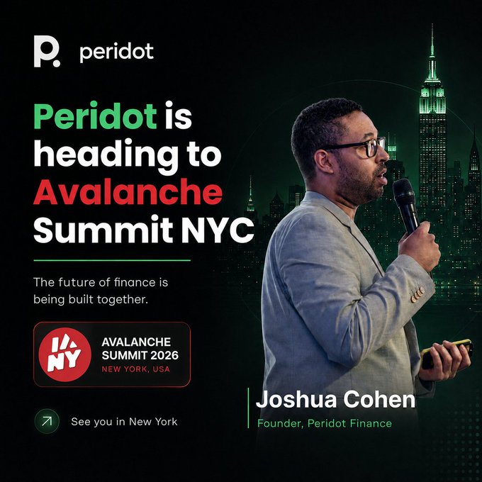 Promotional graphic announcing 'Peridot is heading to Avalanche Summit NYC,' featuring Joshua Cohen, Founder of Peridot Finance, speaking into a microphone against a New York City skyline backdrop.