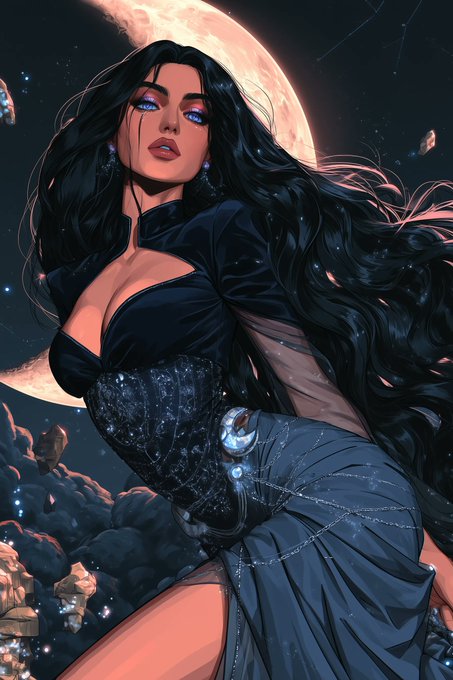 Digital artwork of a dark-haired woman with glowing purple eyes wearing a dark outfit with chains, posed against a large moon and rocky landscape.