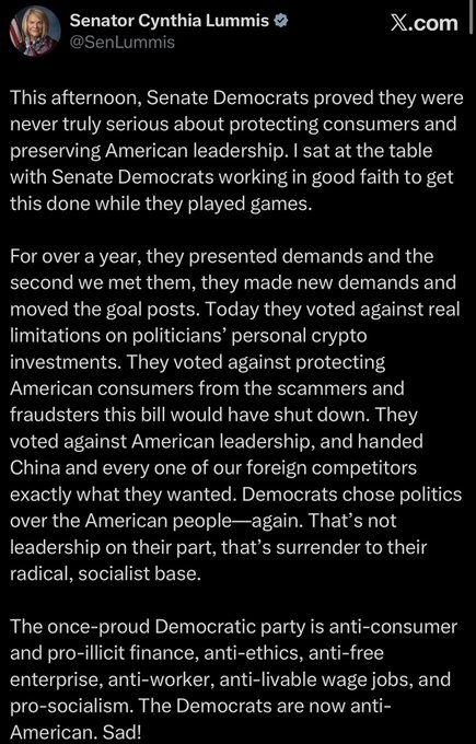A screenshot of a post from Senator Cynthia Lummis (@SenLummis) on X.com in which she accuses Senate Democrats of obstructing crypto legislation, voting against limitations on politicians' personal crypto investments and consumer protections, and choosing "politics over the American people." The accompanying commentary echoes her criticism, framing Democrats as having "moved the goalposts" and failed to deliver on consumer safeguards, suggesting voters will remember the inaction.