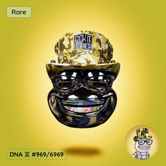 A rare digital collectible NFT item featuring a shiny black stylized head wearing a gold camouflage 'FCK IT MPICH' cap and rainbow grill, labeled 'DNA #969/6969' on a yellow background.