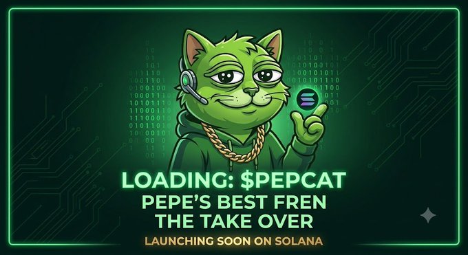 A promotional image for '$PEPCAT' showing a green cat character wearing a headset and gold chain, with text reading 'PEPE'S BEST FREN THE TAKE OVER' and 'LAUNCHING SOON ON SOLANA'.
