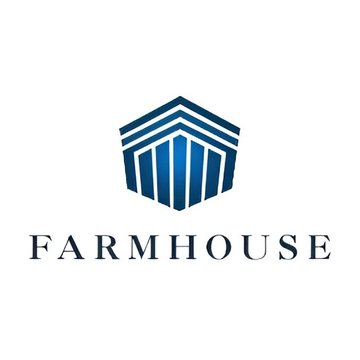 A logo featuring a stylized blue barn/shield emblem above the text 'FARMHOUSE' on a white background.