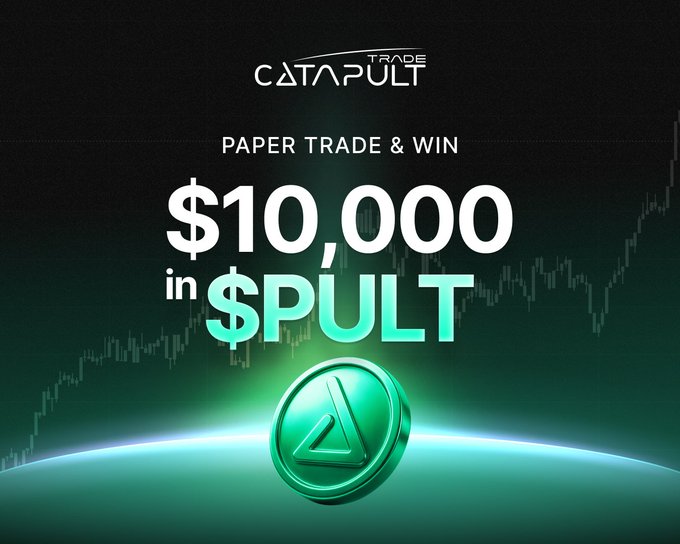 A promotional graphic for Catapult Trade's paper trading tournament highlights a $10,000 prize pool paid in $PULT tokens, featuring the platform's logo and a glowing green $PULT coin against a dark chart background.