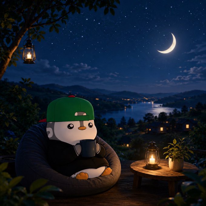 The image features a penguin wearing a green hat sitting inside an inflatable chair with a coffee cup in front of it. The penguin appears relaxed as it enjoys its drink, with a night sky background that adds a sense of tranquility to the scene. In addition to this primary image element, there is also text at the bottom of the photo related to trading on Tria Perp DEX and the ongoing rewards for using it. This information could be related to the penguin's current situation or possibly something else happening in the post that connects to the image.