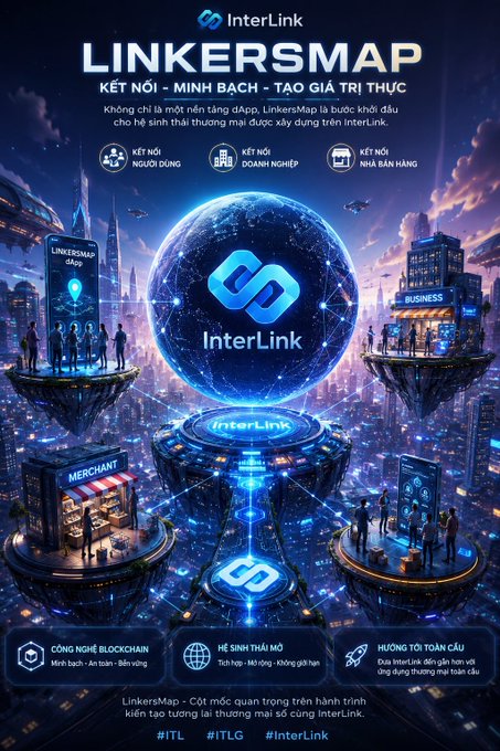 The image features a poster for Interlink, which is an online marketplace that allows users to buy and sell digital assets such as music, images, and videos. The poster showcases a futuristic cityscape with floating buildings and people interacting within this virtual environment. The main focus of the poster is the "Interlink" logo, which is displayed prominently in the center surrounded by various elements representing different aspects of the online marketplace.