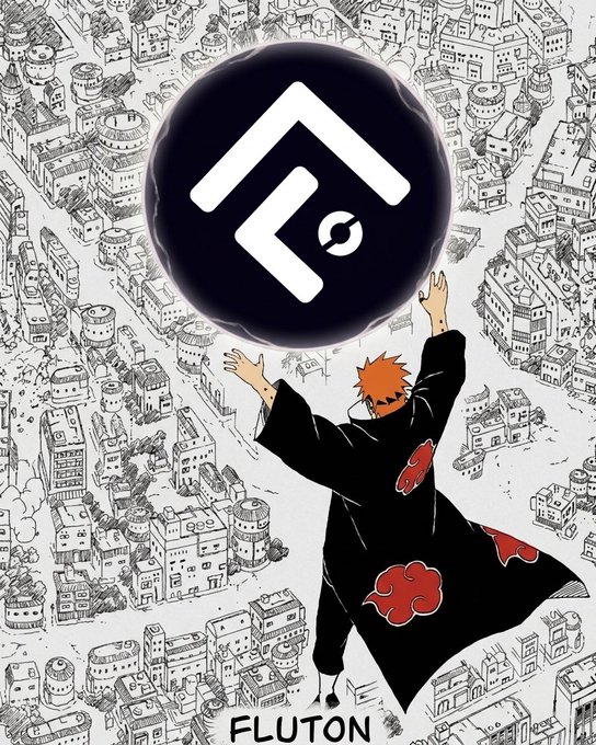 Anime artwork shows a character in a black Akatsuki cloak with red clouds reaching toward a large dark orb containing a stylized "F" logo, with "FLUTON" written at the bottom over a sketch-style city.