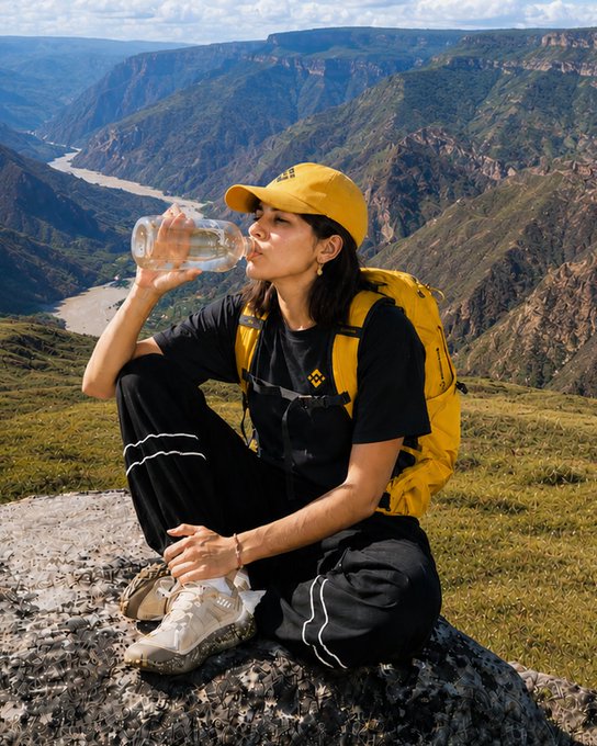 A hiker in a yellow cap and backpack rests on a rocky cliff while drinking from a water bottle, overlooking a sweeping canyon with a winding river far below. The adventurous, on-the-move vibe mirrors the post's message about journeys beginning either on the trail or with Binance—pairing outdoor exploration with a leap into crypto.