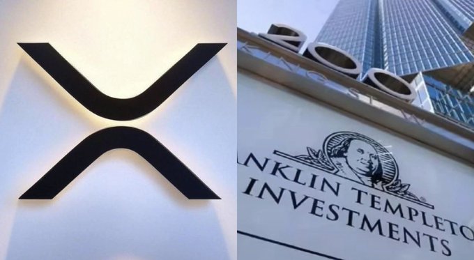 Split image showing the XRP (Ripple) logo on the left and a Franklin Templeton Investments sign with Benjamin Franklin's portrait on the right, suggesting a connection between the two.