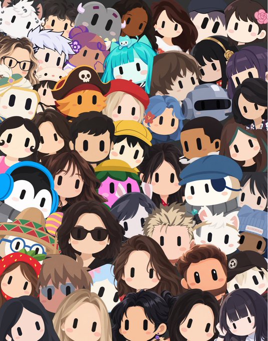 A dense crowd of cute chibi-style characters with simple dot eyes, featuring various hats, hairstyles, and cosplay looks (including a pirate hat, sombrero, and bunny ears), fills the entire frame in a vibrant, packed illustration that pairs with the "gm" post to convey a sense of community and togetherness.
