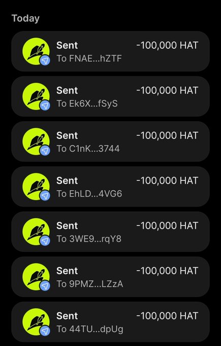 A screenshot of a crypto transaction history showing 7 "Sent" transactions, each for 100,000 HAT tokens, sent to various wallet addresses (such as FNAE...hZTF, Ek6X...fSyS, C1nK...3744, etc.) under a "Today" header, likely depicting proof of airdrop or reward distributions related to the $HAT/RobinHat promotion.