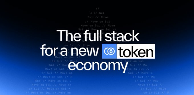 A promotional graphic with the text 'The full stack for a new token economy' overlaid on code snippets referencing 'Sui' and 'Move'.
