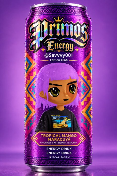 A purple energy drink can labeled 'Animus Energy' featuring a chibi-style character with purple hair, advertising 'Tropical Mango Maracuyá' flavor and '@Savvvy001 Edition #666'.