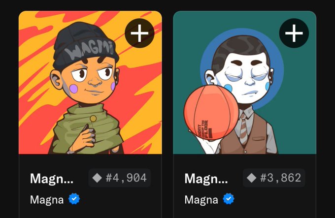 Two NFT collectibles from the "Magna" collection are displayed, ranked #4,904 and #3,862, with stylized cartoon character avatars—one featuring a character in a beanie labeled "MAGN" against a fiery background, and another showing a pale figure holding a basketball. The image appears to promote the Magna NFT collection, likely as part of a giveaway or contest requiring users to follow @af_artefact and share their Ethereum wallet.