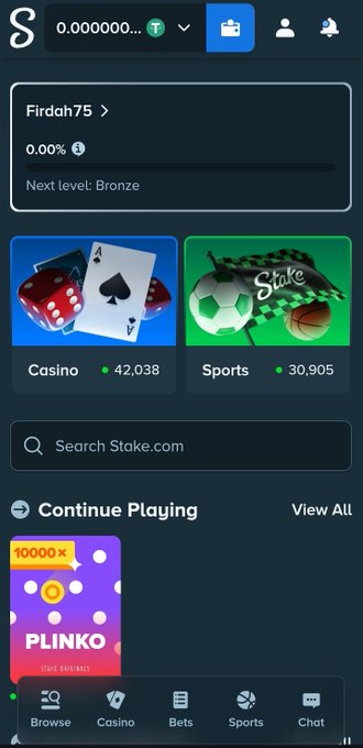 A screenshot of the Stake.com betting platform showing a user profile 'Firdh75', a balance of '0.000000', and menu options for Casino and Sports betting.