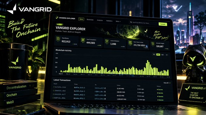 A VANGRID-branded crypto dashboard labeled “VANGRID EXPLORER” shows blockchain statistics, charts, transactions, and the slogan “Build the Future Onchain.”