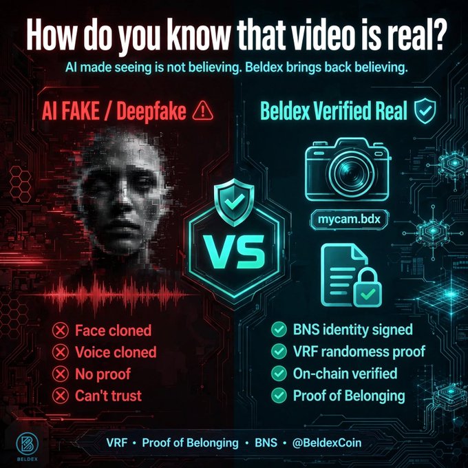 A promotional graphic titled 'How do you know that video is real?' contrasting AI FAKE/Deepfake with Beldex Verified Real, featuring a fragmented face versus a camera icon, with tags VRF, Proof of Belonging, BNS, @BeldexCoin.