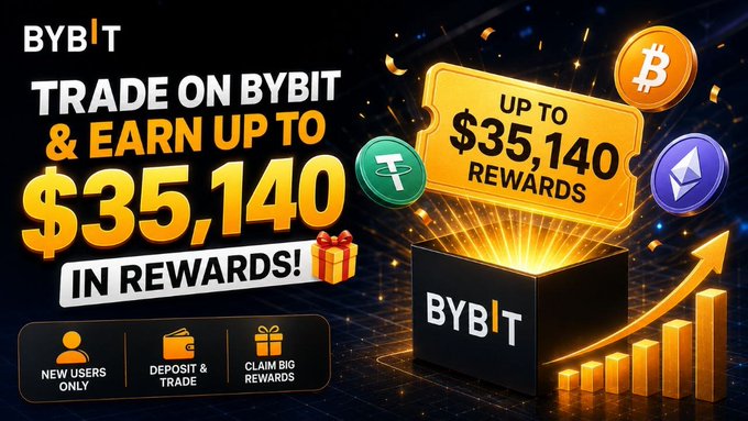 A Bybit cryptocurrency advertisement reading 'TRADE ON BYBIT & EARN UP TO $35,140 IN REWARDS!' featuring Bitcoin, USDT, and Ethereum logos with icons for 'NEW USERS ONLY', 'DEPOSIT & TRADE', and 'CLAIM BIG REWARDS'.
