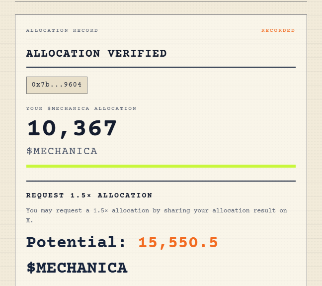 An allocation record document showing 'ALLOCATION VERIFIED' for '10,367 $MECHANICA' with a potential 1.5x allocation of '15,550.5 $MECHANICA' if shared on X.